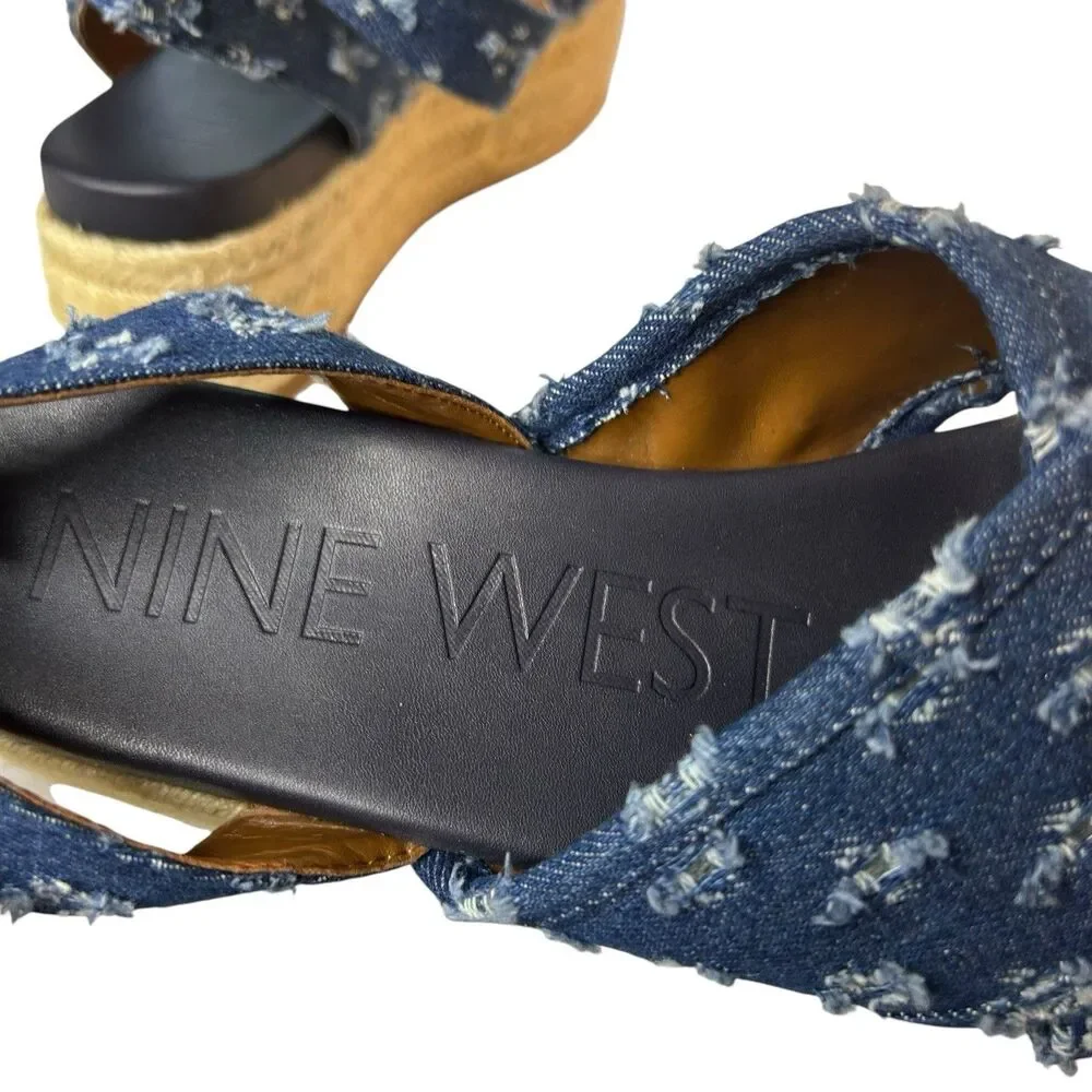 Nine West Espadrille Platform Sandals 6M Showrunner Denim Ankle Strap Open Toe